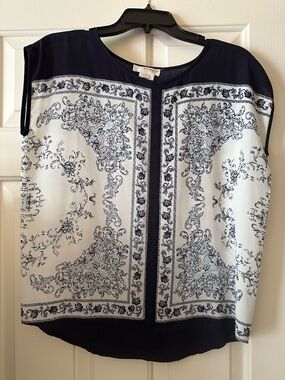 Kenar Women's Navy & White Printed Cap-Sleeve Top Small